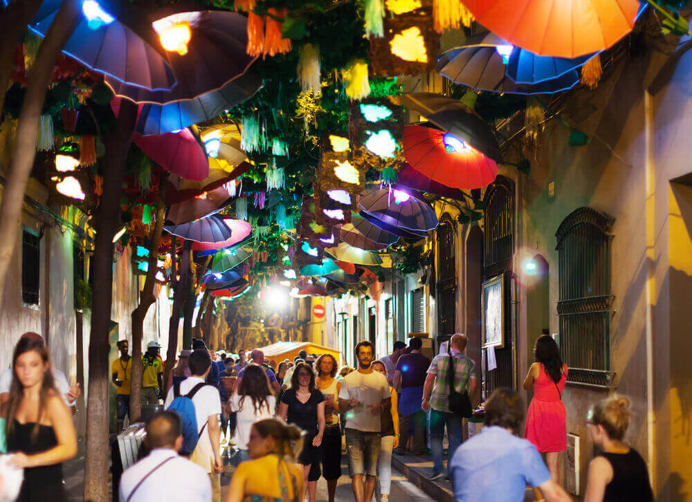 Decorated streets of Gracia district, Barcelona, Spain