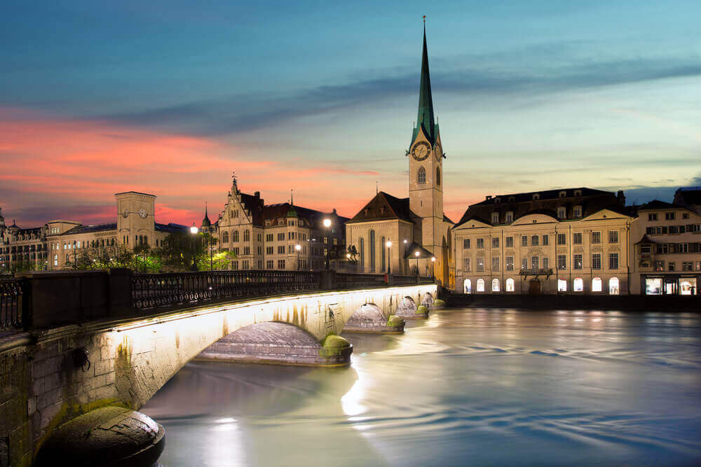 Zurich. Image of Zurich, capital of Switzerland, during dramatic sunset. vacation planner